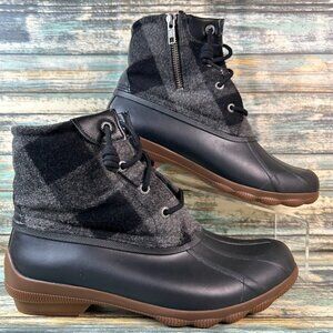 Sperry Womens 7.5M Waterproof Rain Boot Black Gray Plaid Zip Up Winter Booties